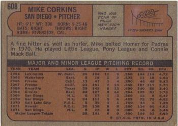 1972 Topps #608 Mike Corkins Back
