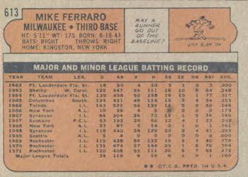 1972 Topps #613 Mike Ferraro Back