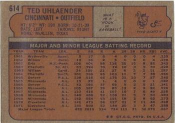 1972 Topps #614 Ted Uhlaender Back