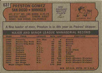 1972 Topps #637 Preston Gomez Back