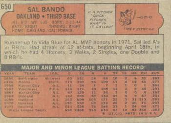 1972 Topps #650 Sal Bando Back
