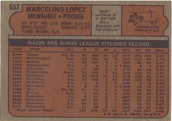1972 Topps #652 Marcelino Lopez Back
