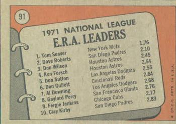 1972 Topps #91 1971 N.L. E.R.A. Leaders (Tom Seaver / Dave Roberts / Don Wilson) Back