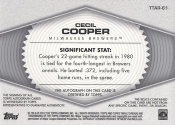 2012 Topps Triple Threads - Relic Autographs #TTAR-61 Cecil Cooper Back