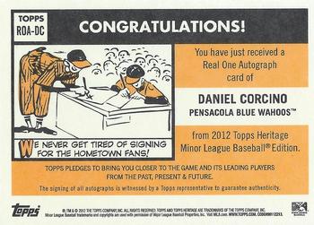 2012 Topps Heritage Minor League - Real One Autographs #ROA-DC Daniel Corcino Back