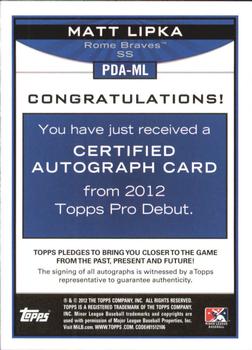 2012 Topps Pro Debut - Autographs #PDA-ML Matt Lipka Back