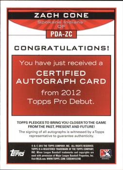 2012 Topps Pro Debut - Autographs #PDA-ZC Zach Cone Back