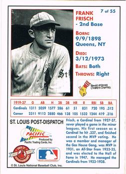1992 Pacific McDonald's St. Louis Cardinals #7 Frankie Frisch Back