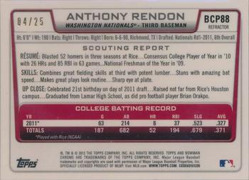 2012 Bowman - Chrome Prospects Red Wave Refractors #BCP88 Anthony Rendon Back