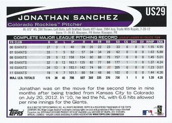 2012 Topps Update #US29 Jonathan Sanchez Back