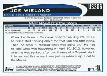 2012 Topps Update #US306 Joe Wieland Back