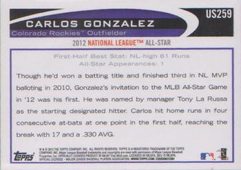 2012 Topps Update #US259 Carlos Gonzalez Back