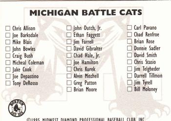 1995 Michigan Battle Cats #NNO Cover Back