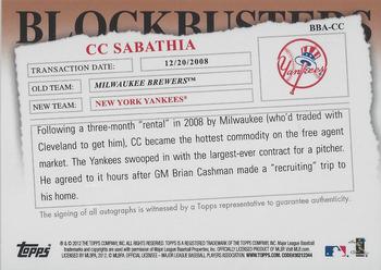 2012 Topps Update - Blockbusters Autographs #BBA-CC CC Sabathia Back