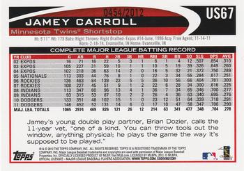 2012 Topps Update - Gold #US67 Jamey Carroll Back