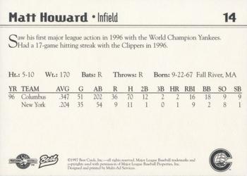 1997 Best Columbus Clippers #14 Matt Howard Back