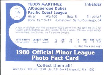 1980 TCMA Albuquerque Dukes #14 Teddy Martinez Back