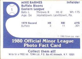 1980 TCMA Buffalo Bisons #1 Mike Barnes Back
