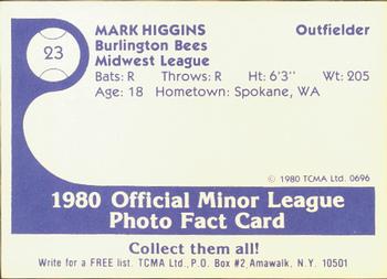 1980 TCMA Burlington Bees #23 Mark Higgins Back