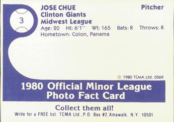 1980 TCMA Clinton Giants #3 Jose Chue Back