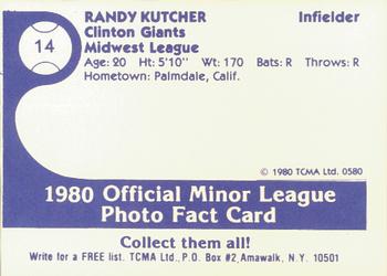 1980 TCMA Clinton Giants #14 Randy Kutcher Back