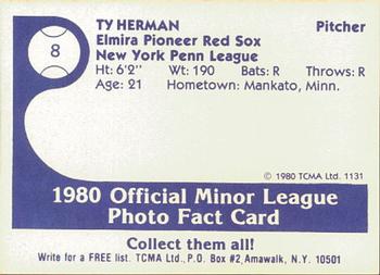 1980 TCMA Elmira Pioneer Red Sox #8 Ty Herman Back