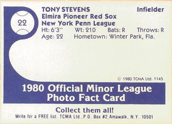 1980 TCMA Elmira Pioneer Red Sox #22 Tony Stevens Back