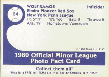 1980 TCMA Elmira Pioneer Red Sox #24 Wolf Ramos Back