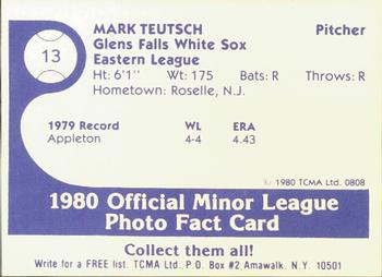 1980 TCMA Glens Falls White Sox B/W #13 Mark Teutsch Back