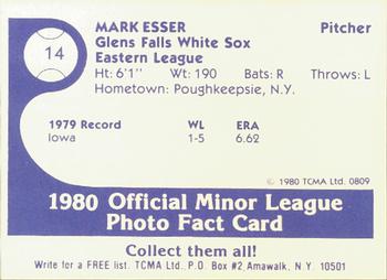1980 TCMA Glens Falls White Sox B/W #14 Mark Esser Back