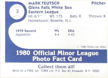 1980 TCMA Glens Falls White Sox Color #3 Mark Teutsch Back