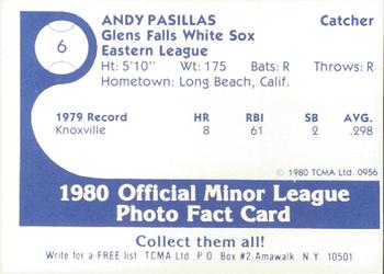 1980 TCMA Glens Falls White Sox Color #6 Andy Pasillas Back
