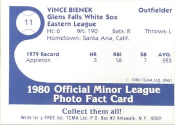 1980 TCMA Glens Falls White Sox Color #11 Vince Bienek Back