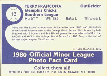 1980 TCMA Memphis Chicks #13 Terry Francona Back