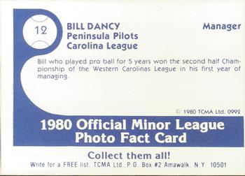 1980 TCMA Peninsula Pilots Color #12 Bill Dancy Back