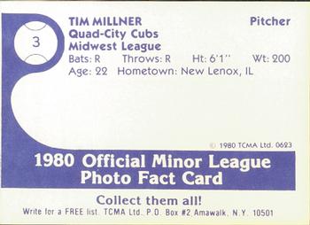 1980 TCMA Quad City Cubs #3 Tim Millner Back