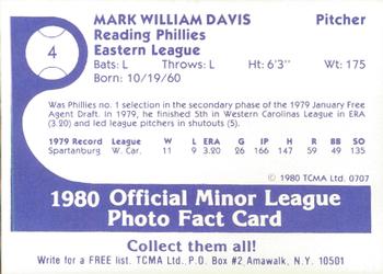 1980 TCMA Reading Phillies #4 Mark Davis Back
