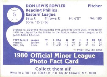 1980 TCMA Reading Phillies #5 Don Fowler Back