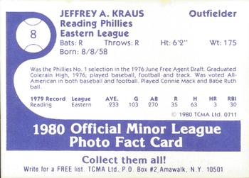 1980 TCMA Reading Phillies #8 Jeff Kraus Back
