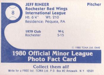 1980 TCMA Rochester Red Wings #8 Jeff Rineer Back