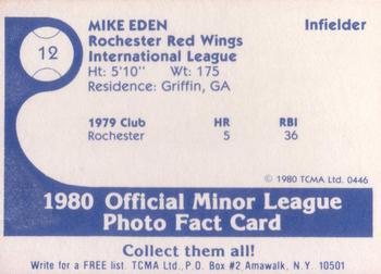 1980 TCMA Rochester Red Wings #12 Mike Eden Back