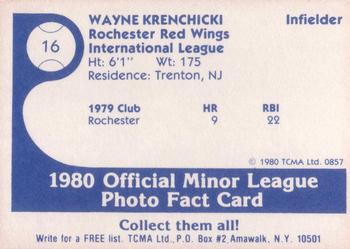 1980 TCMA Rochester Red Wings #16 Wayne Krenchicki Back
