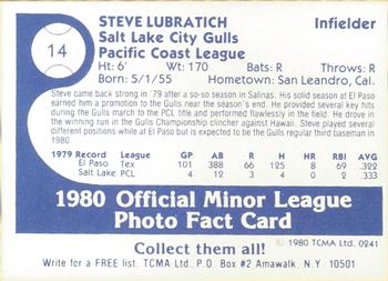1980 TCMA Salt Lake City Gulls #14 Steve Lubratich Back