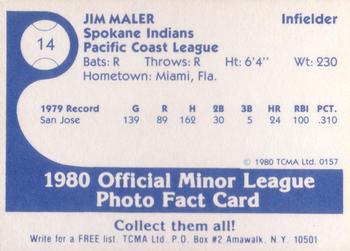1980 TCMA Spokane Indians #14 Jim Maler Back