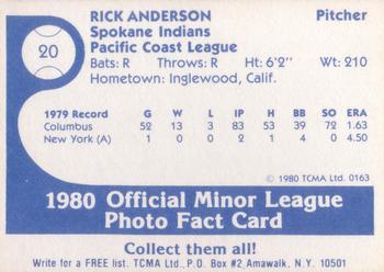 1980 TCMA Spokane Indians #20 Rich Anderson Back
