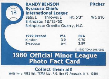 1980 TCMA Syracuse Chiefs #18 Randy Benson Back