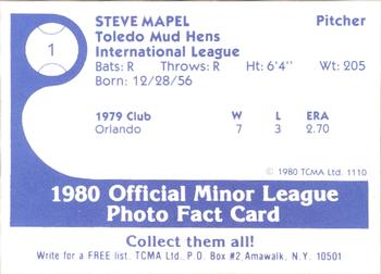 1980 TCMA Toledo Mud Hens #1 Steve Mapel Back