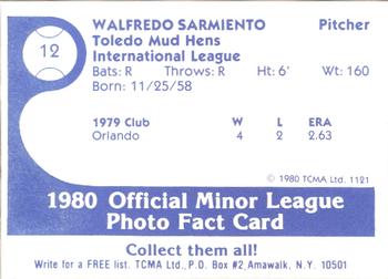 1980 TCMA Toledo Mud Hens #12 Walfredo Sarmiento Back