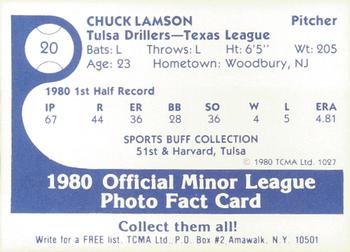 1980 TCMA Tulsa Drillers #20 Chuck Lamson Back