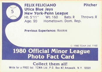 1980 TCMA Utica Blue Jays #5 Felix Feliciano Back